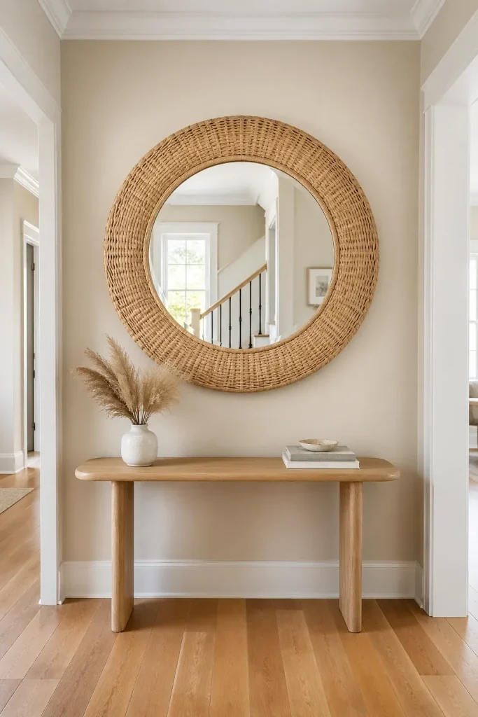 A large round rattan mirror hanging above a console table in a bright, airy beige hallway.