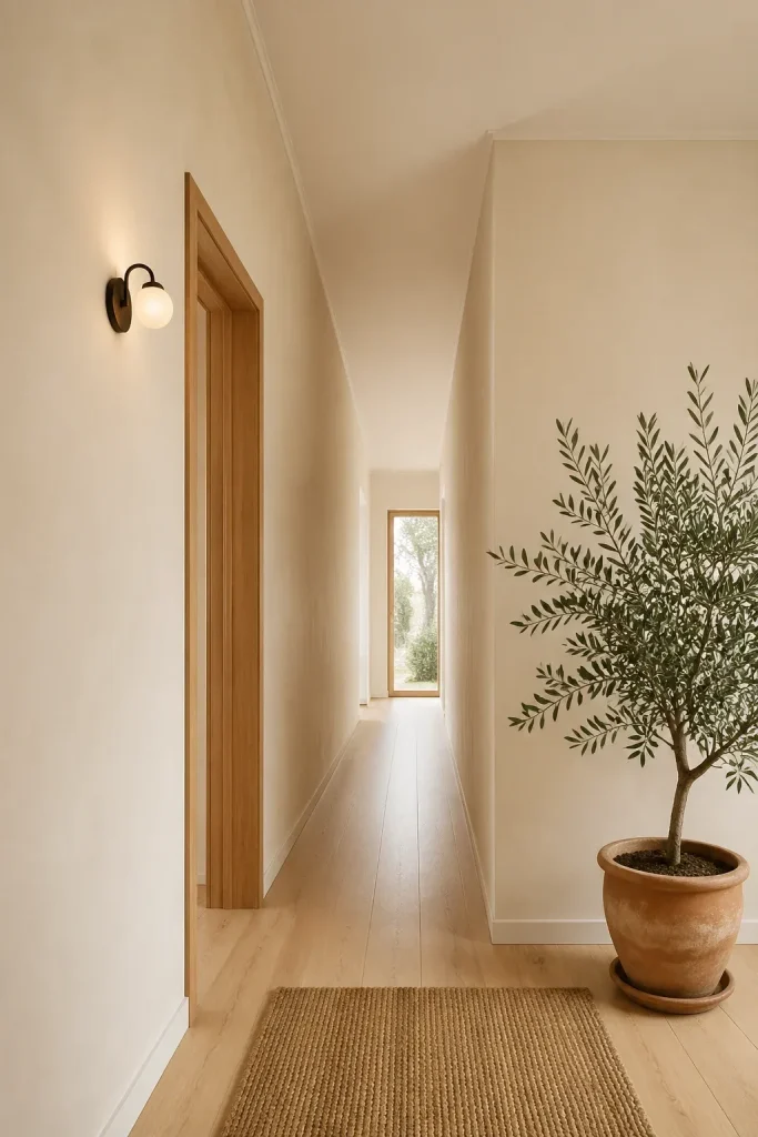 A serene hallway with hand-painted cream walls in a matte finish and a potted olive tree.