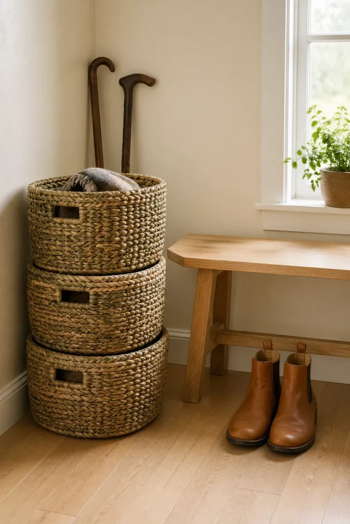 Three stacked seagrass storage baskets in a hallway corner next to a wooden bench.