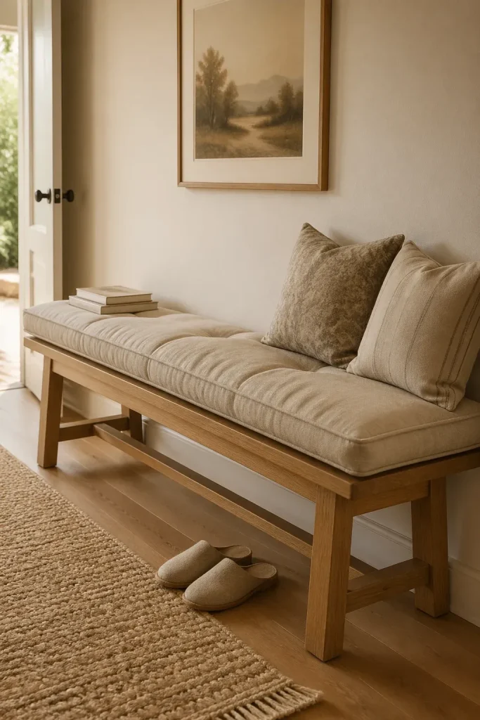 A comfortable sand-colored linen cushion on a wooden hallway bench with decorative pillows.