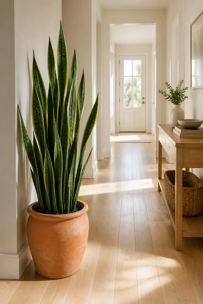 A tall snake plant in a terracotta pot stands in a bright, cream-colored hallway.