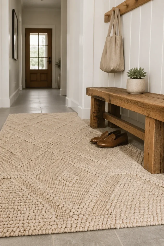 A textured beige wool rug on a light wood floor in a cozy, minimalist hallway.