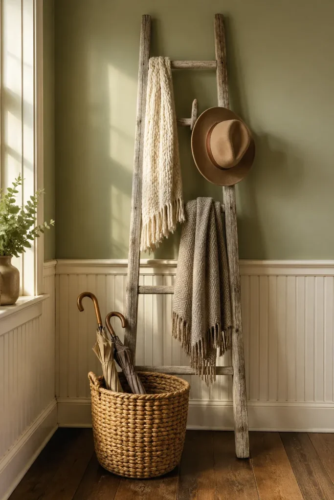 A rustic wooden ladder leaning against a sage green wall, draped with a scarf and hat.