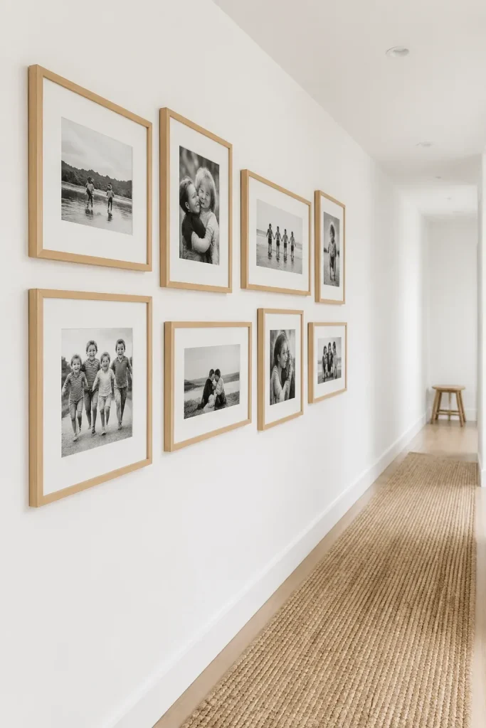 A gallery wall featuring several light bamboo frames with black and white photos in a bright hallway.