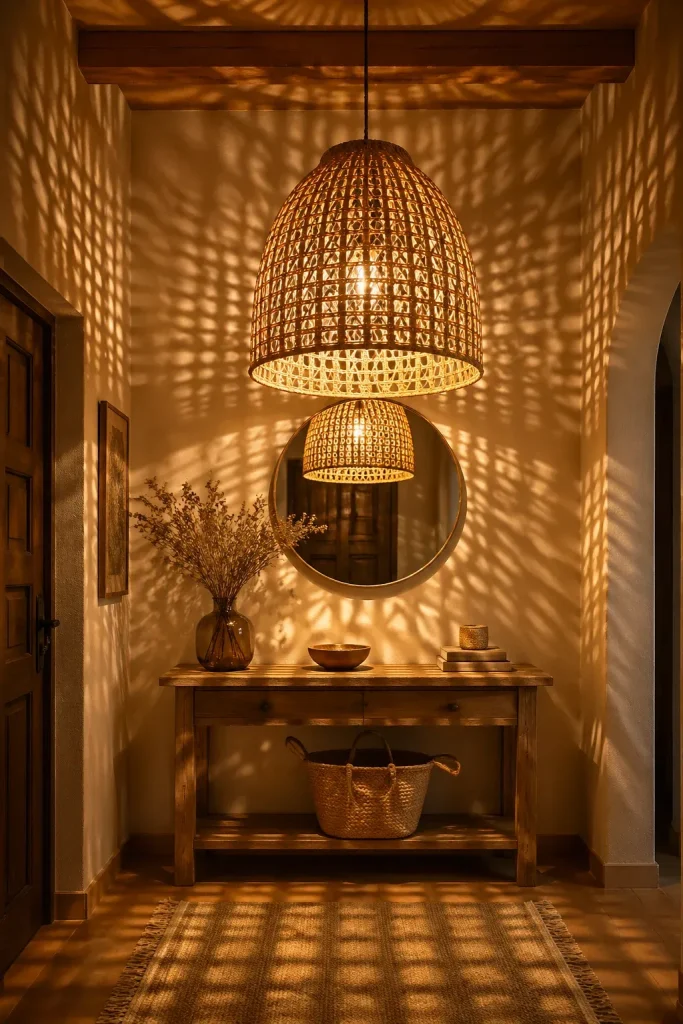 A woven wicker pendant light hanging in a hallway, casting beautiful shadow patterns on the walls.