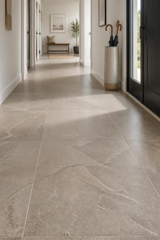 Large warm grey stone-effect tiles on a hallway floor, looking clean and modern.
