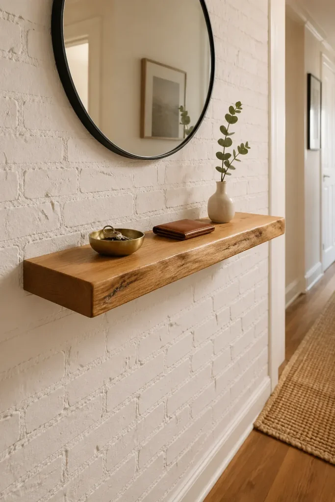 A small floating wooden shelf on a white wall, holding a brass bowl for keys.