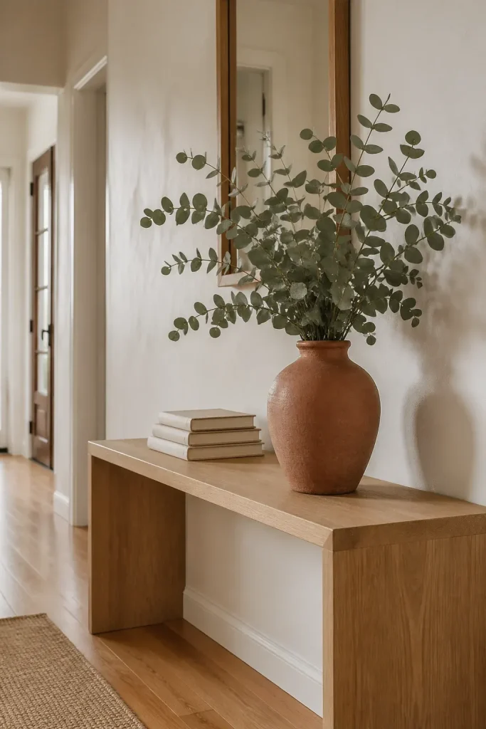 A dried eucalyptus arrangement in a rustic clay vase on a wooden hallway console table.