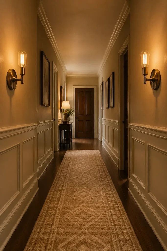 Two brass wall sconces with warm bulbs lighting up a cozy, neutral-toned hallway.