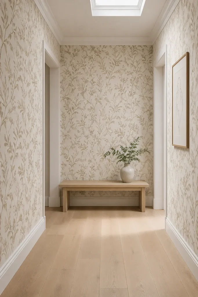 A hallway featuring subtle botanical print wallpaper in tan and cream with a wooden bench.