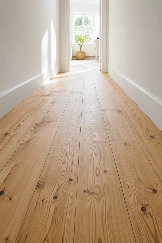 Light-colored, sanded original wood floorboards in a bright, white-walled hallway.