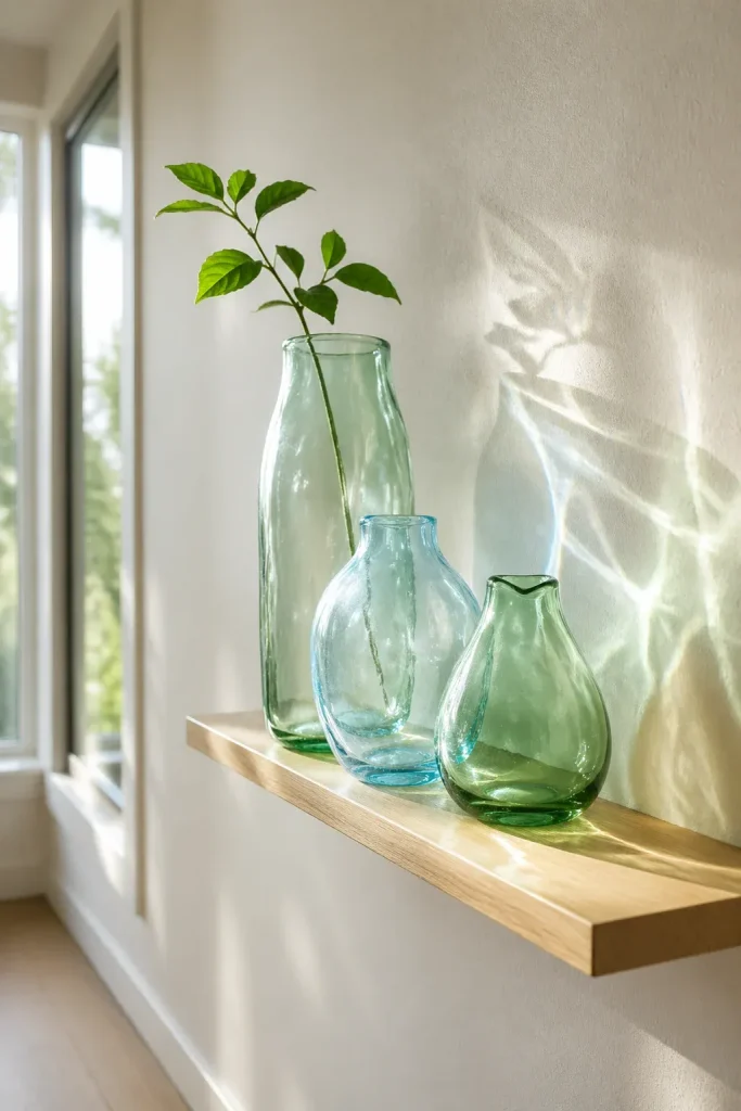 A collection of tinted recycled glass vases on a narrow wooden ledge in a sunlit hallway.