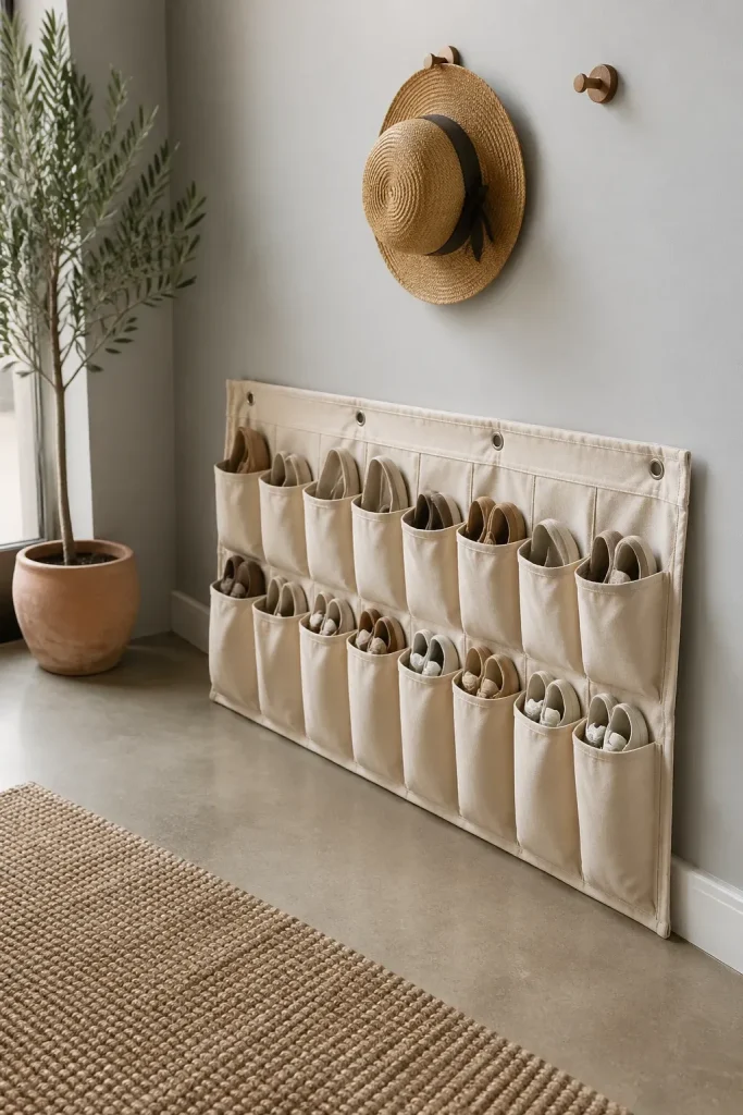 A heavy cotton canvas shoe organizer keeping shoes tidy in a minimalist hallway.