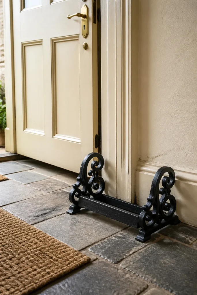 A black wrought iron boot scraper sitting on a stone floor by a cream-colored door.