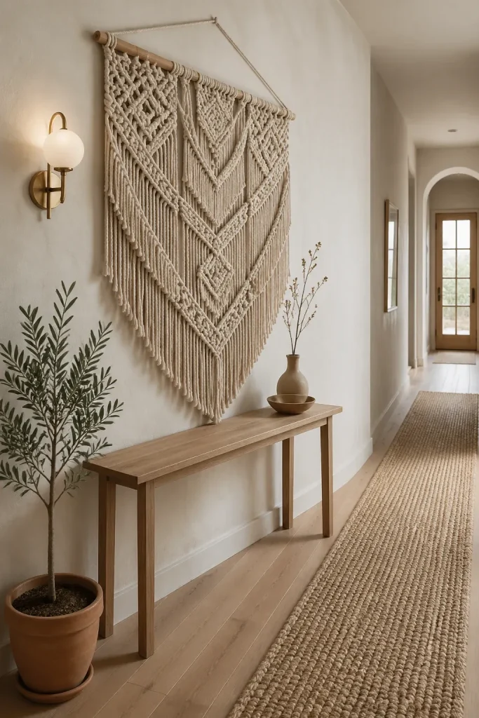 A large unbleached cotton macrame wall hanging above a light oak console table in a neutral hallway.