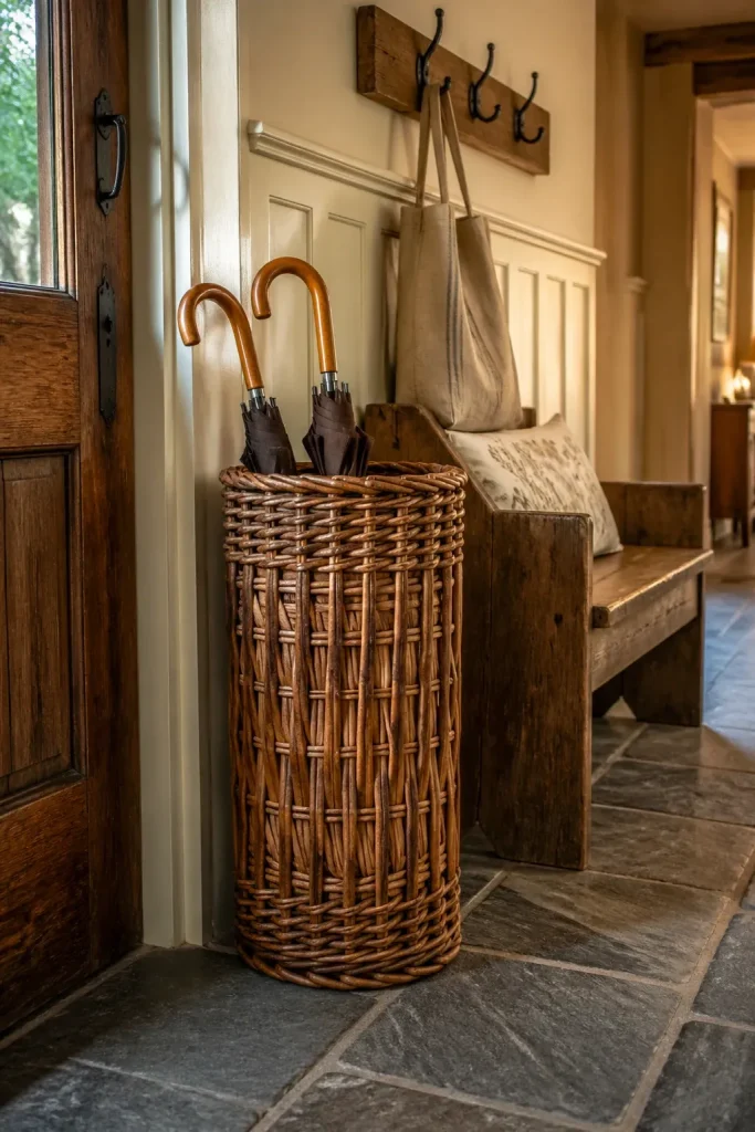 A tall hand-woven willow umbrella stand tucked into a hallway corner next to a rustic wooden bench.