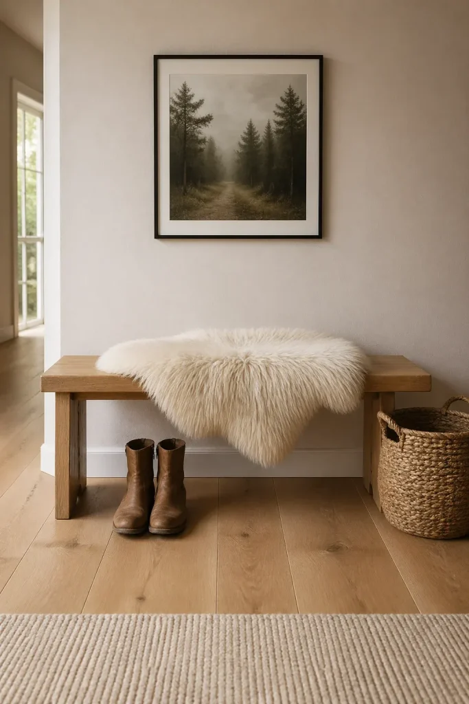 A fluffy ivory sheepskin rug draped over a clean-lined wooden bench in a bright, cozy hallway.