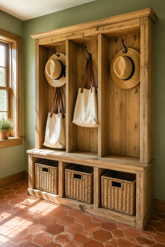 A distressed pine mudroom cubby unit with woven baskets and straw hats in a warm hallway.