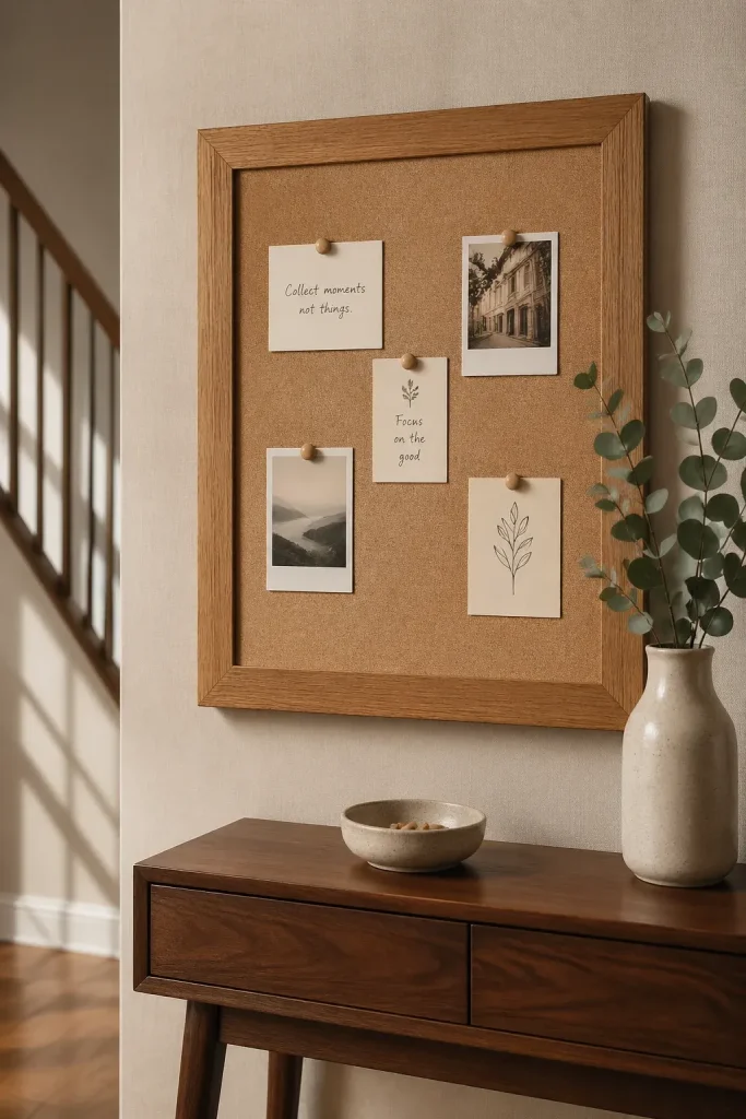 A natural cork notice board in a thick oak frame hanging above a walnut console table.