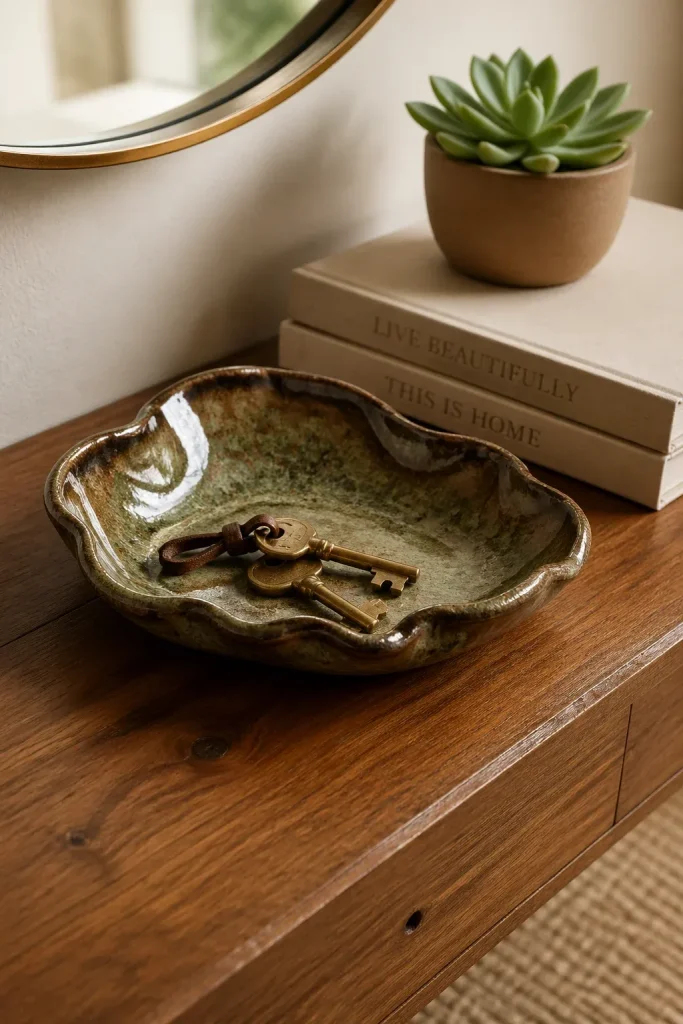 A handmade earthy-glazed ceramic dish holding brass keys on a natural teak console table.