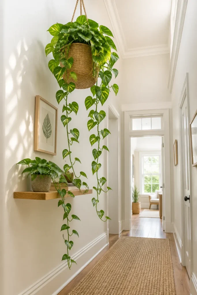 A trailing pothos plant in a woven sisal basket hanging from the ceiling in a bright hallway.