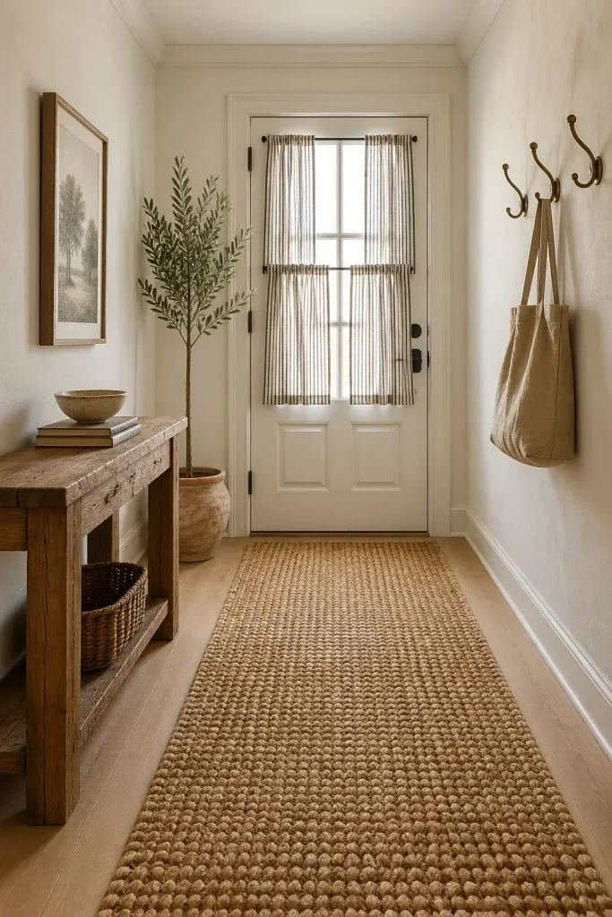 A warm hallway featuring ticking stripe curtains on a glass door, a wooden console, and a seagrass rug.