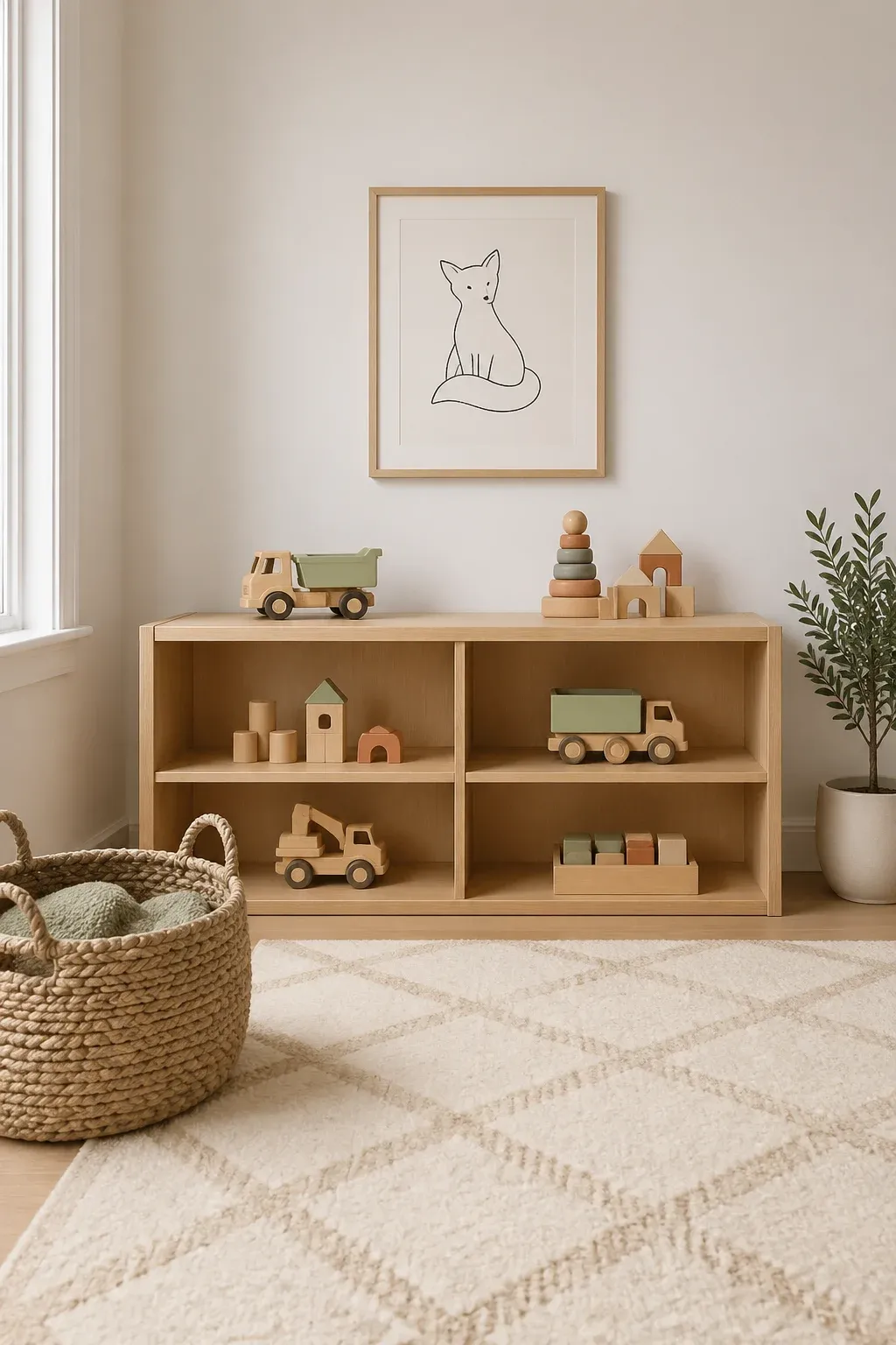 Light oak open shelving in a neutral playroom with wooden toys and a soft rug.
