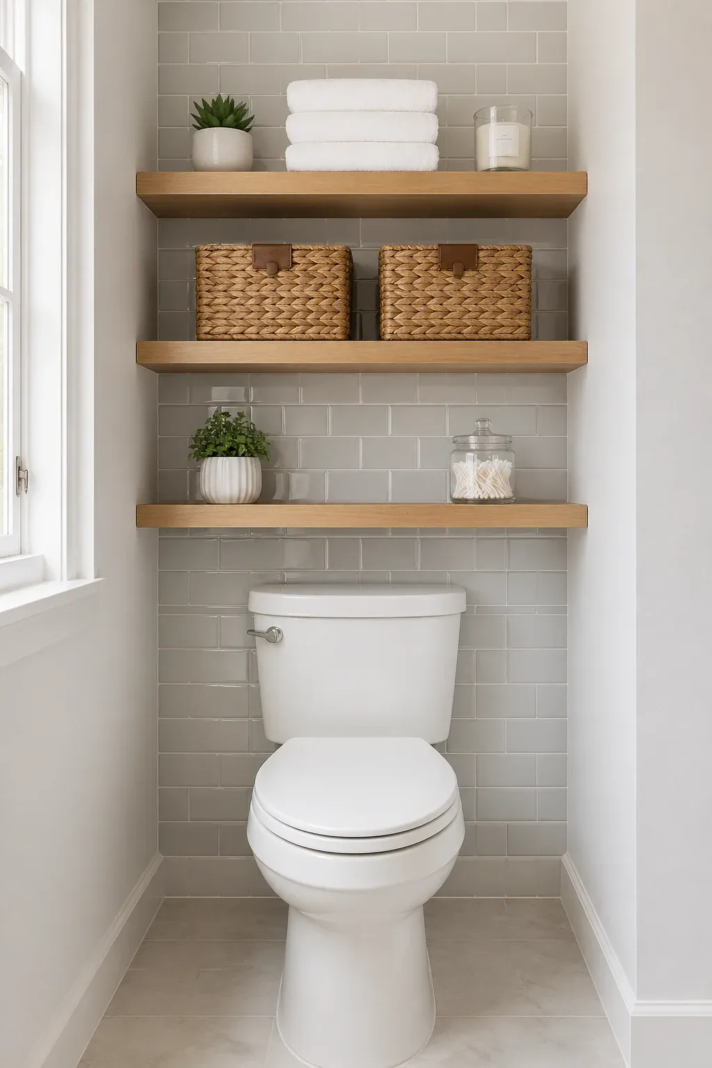 Three light wood floating shelves above a toilet holding baskets and folded white towels.