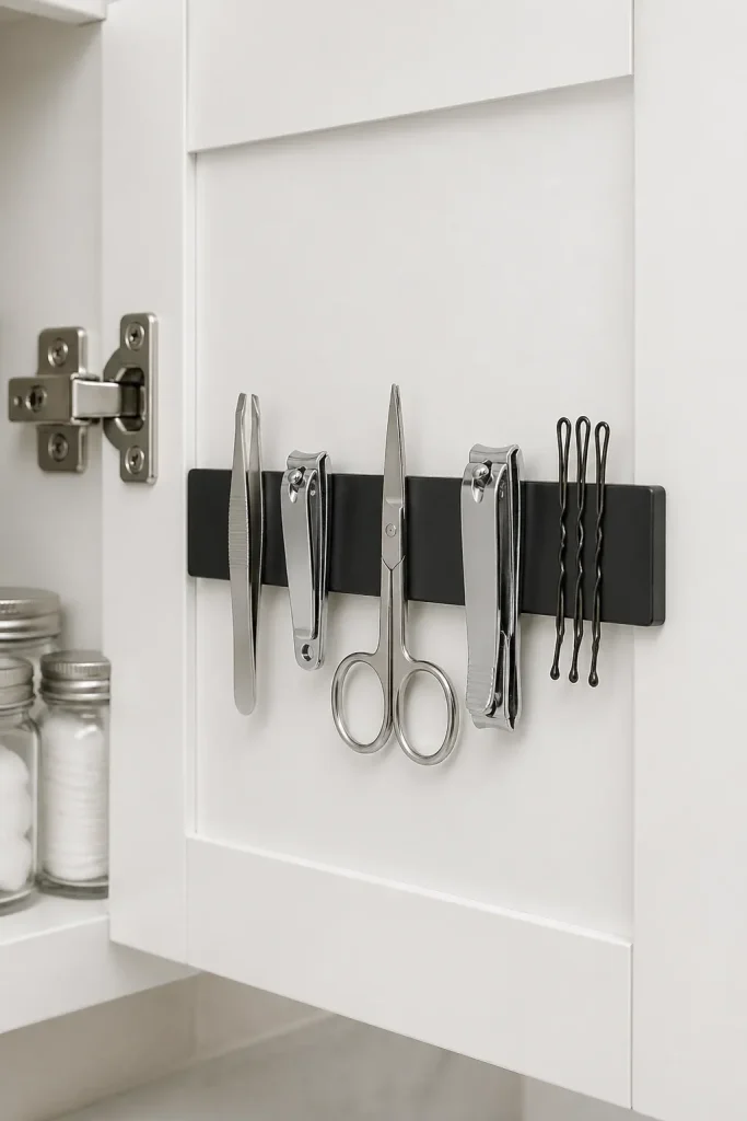 A magnetic strip on a white cabinet door holding metal tweezers, scissors, and bobby pins.