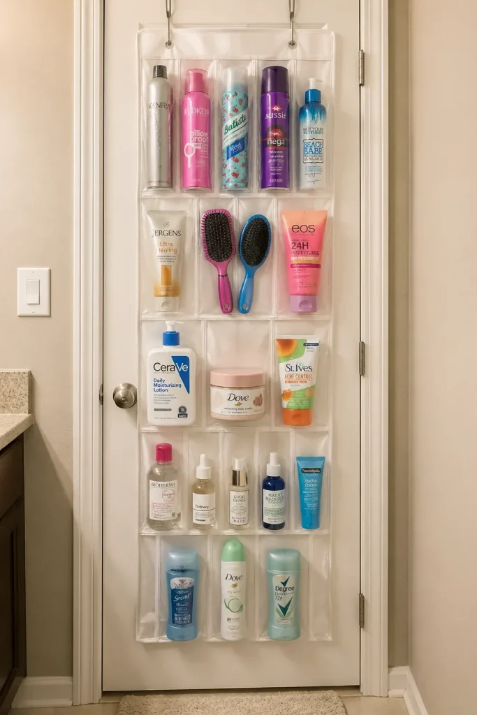 A white over-the-door organizer with clear pockets filled with various hair and skincare bottles.