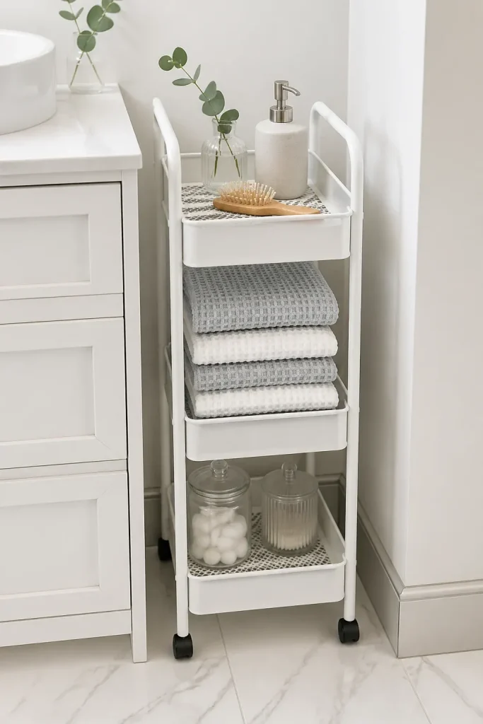 A slim white three-tier rolling cart tucked between a vanity and wall, holding towels and spa items.