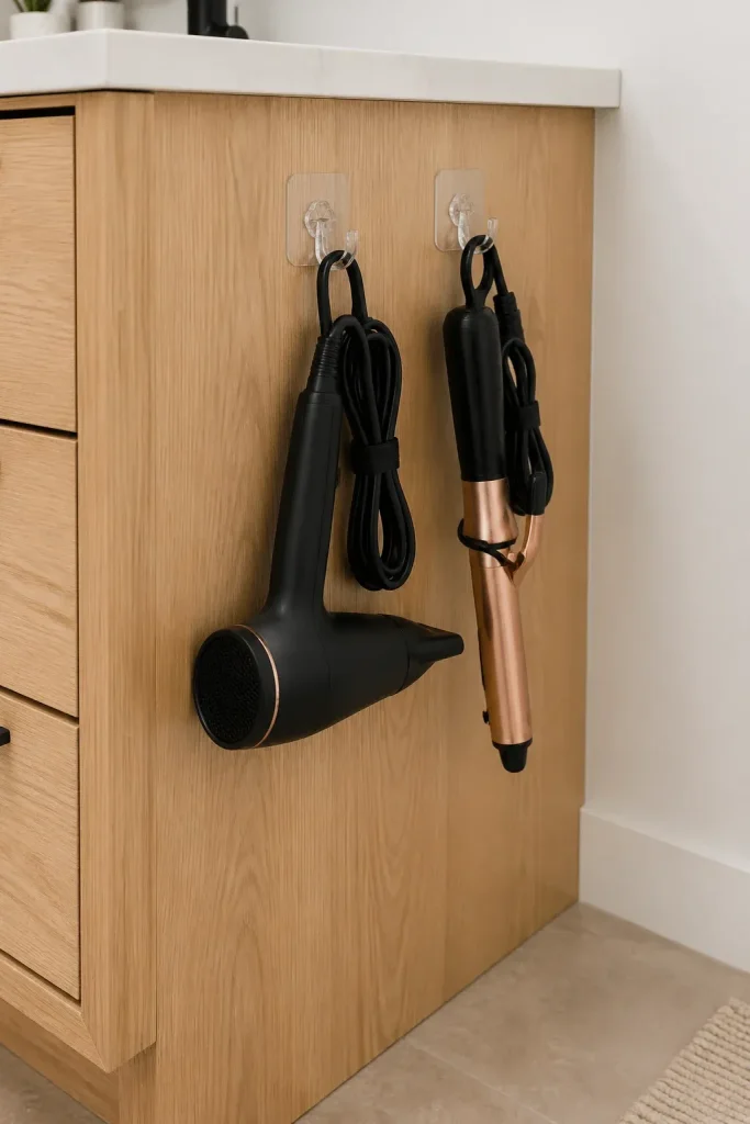 A hair dryer and curling iron hanging from clear adhesive hooks on the side of a wooden vanity.