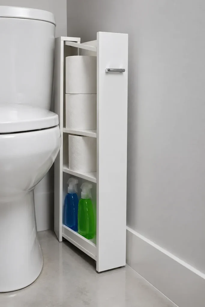 A narrow white slide-out cabinet filled with toilet paper rolls, fitting into a gap next to a toilet.
