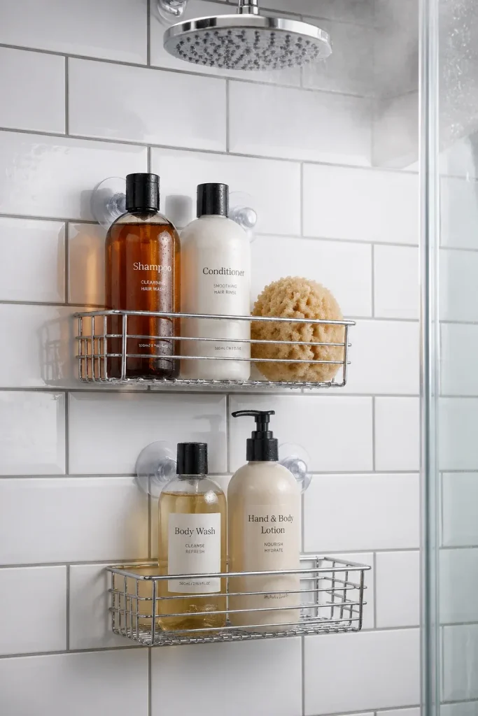 Two chrome suction cup baskets on a white tiled shower wall holding shampoo and a sea sponge.