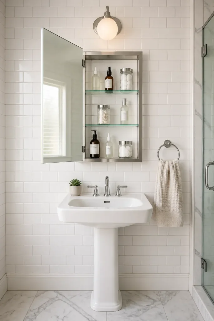 A modern bathroom mirror cabinet open to show organized skincare products on glass shelves.