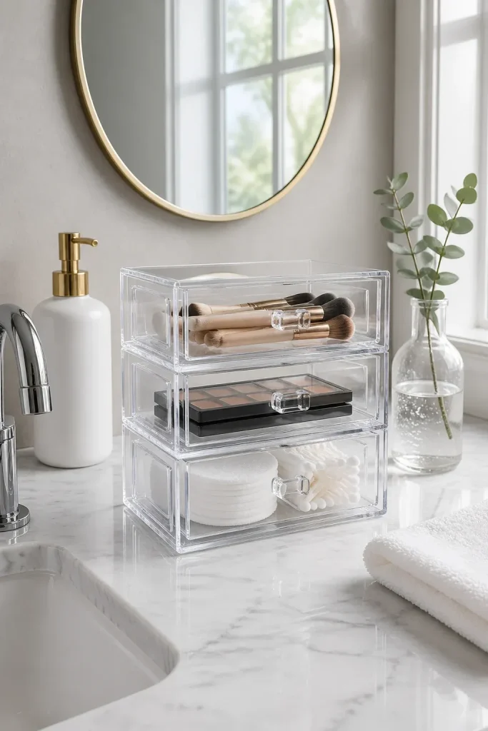 Clear acrylic stackable drawers on a marble bathroom counter holding makeup and cotton pads.