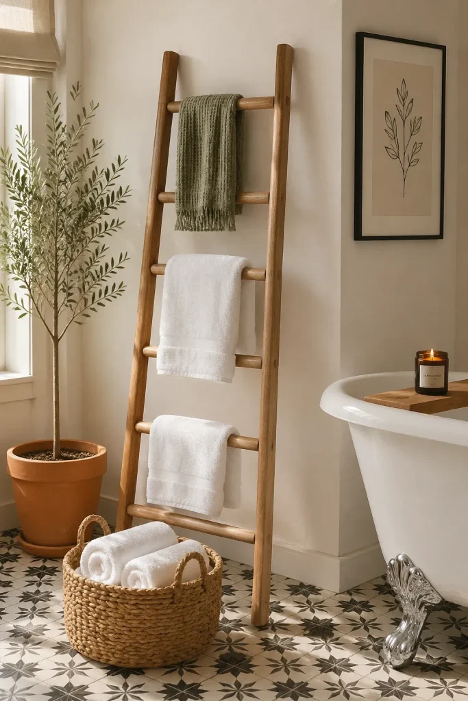 A light wood ladder leaning against a white wall in a bathroom holding fluffy white towels.
