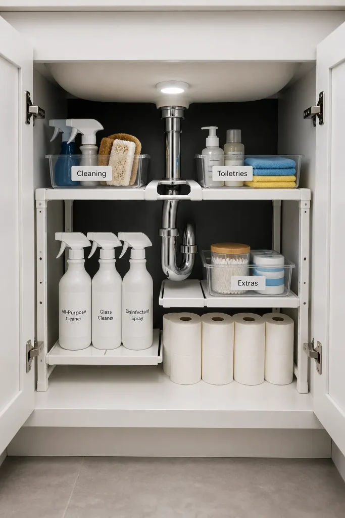 An organized under-sink cabinet with a white expandable shelf unit fitted around plumbing pipes.