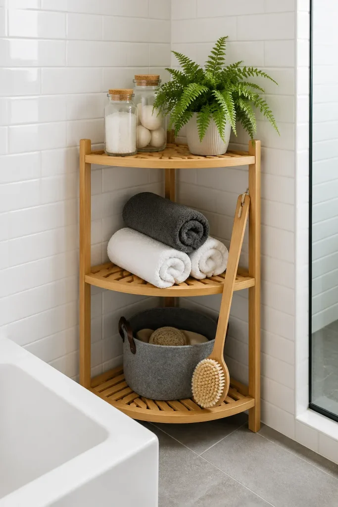 A bamboo corner shelf in a bathroom holding glass jars, rolled towels, and a small plant.