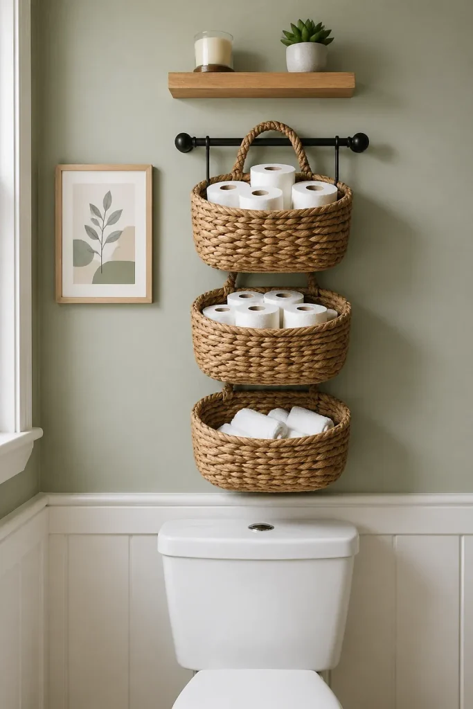 Three woven baskets hanging on a bathroom wall above the toilet holding extra toilet paper.