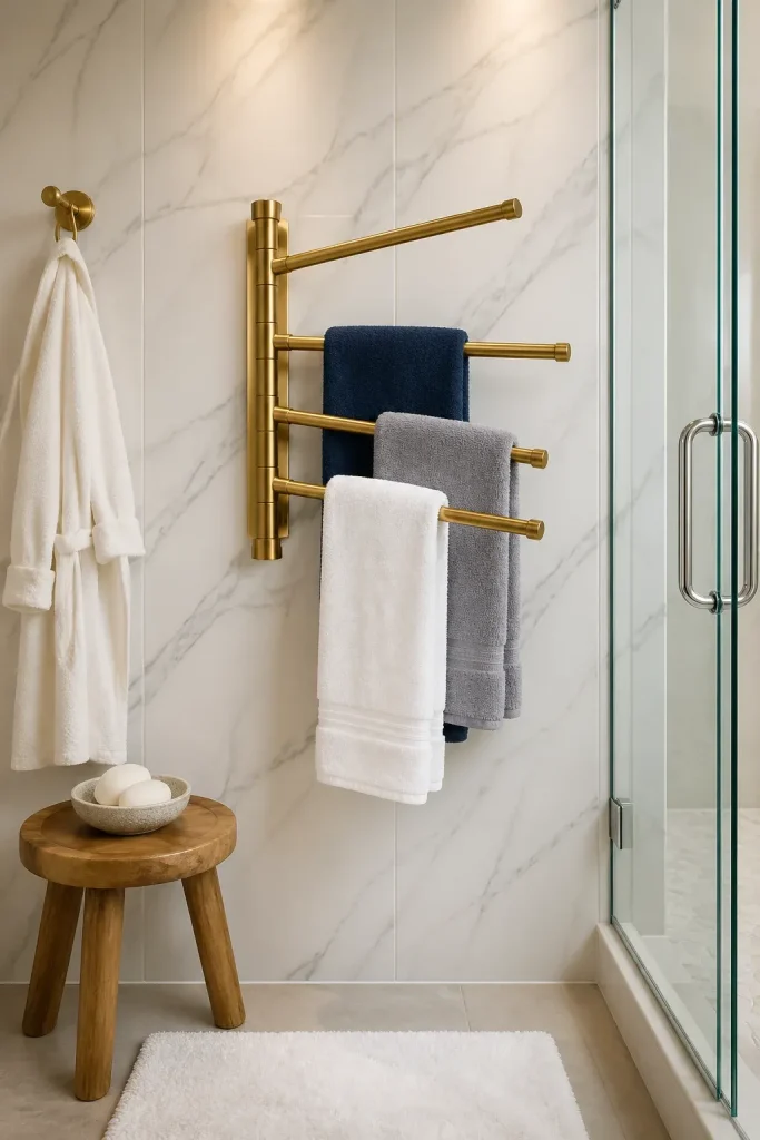 A brushed gold swivel towel bar on a marble wall holding multiple colorful towels.