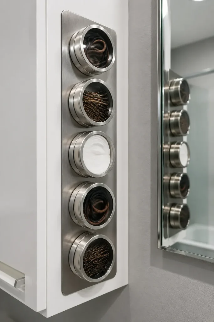 Small magnetic spice tins with clear lids holding hair ties on a metal bathroom plate.