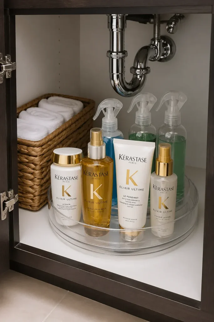 A clear Lazy Susan turntable organizing hair products and cleaning supplies under a bathroom sink.