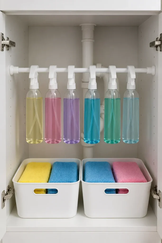 A tension rod installed under a bathroom sink hanging several cleaning spray bottles by their triggers.