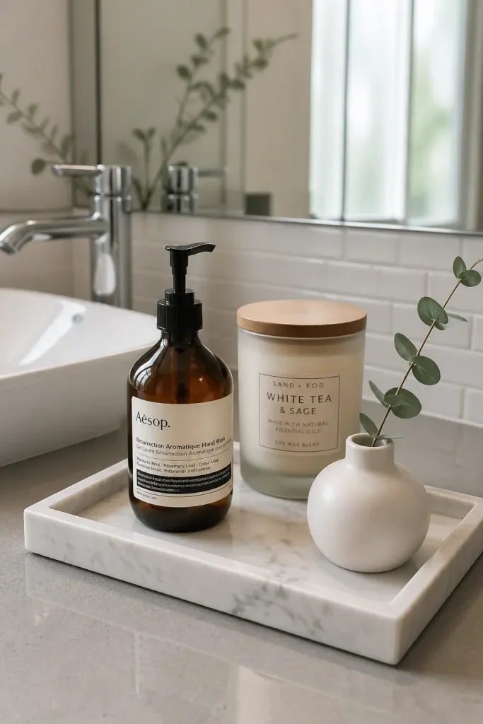 A marble tray on a bathroom counter holding a soap dispenser, a candle, and a small vase.
