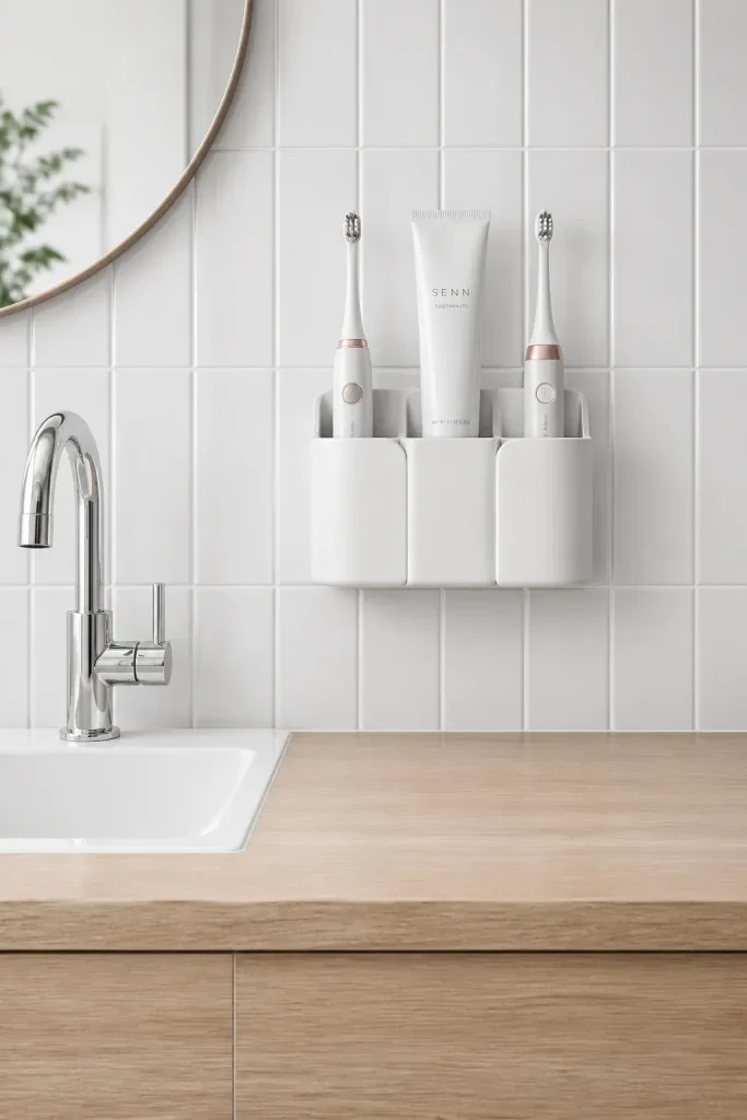 A white wall-mounted toothbrush holder on a tiled wall above a clean bathroom sink.