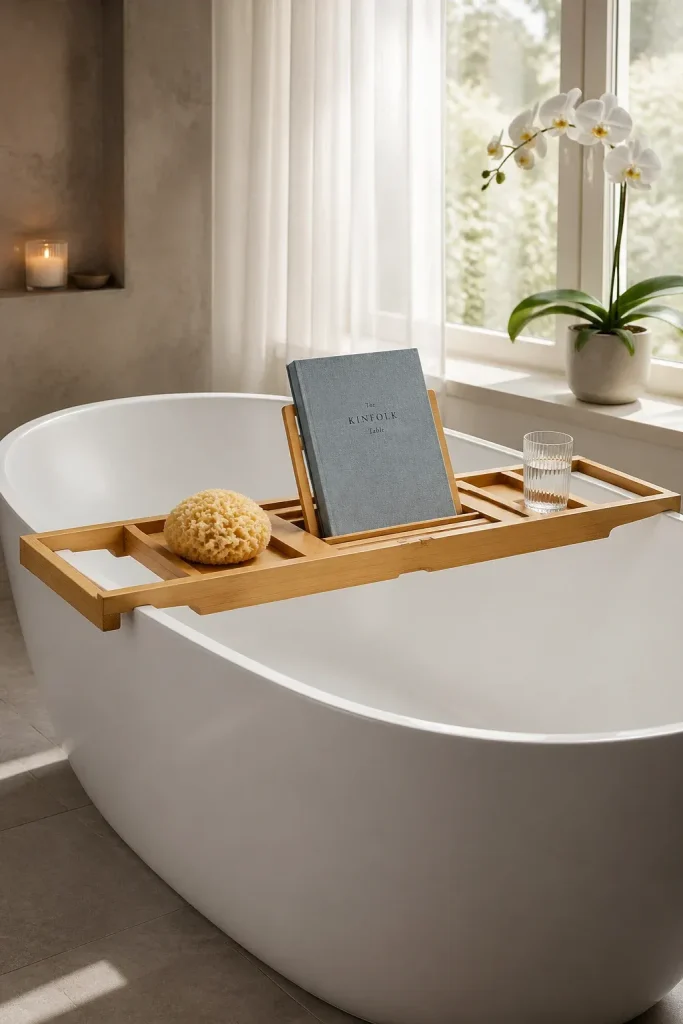 A bamboo bathtub caddy holding a book, a sponge, and a glass across a white freestanding tub.