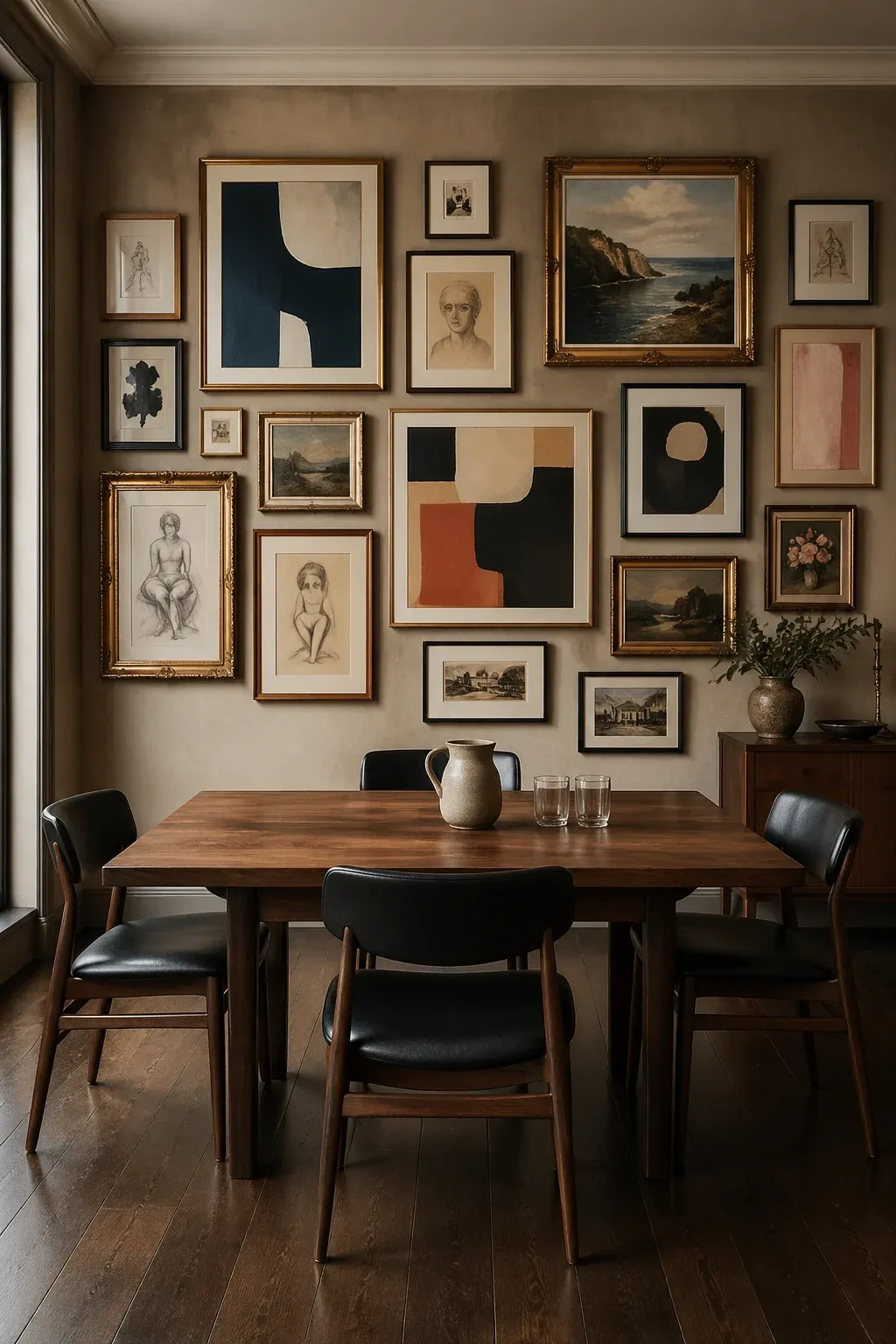 An eclectic gallery wall with mixed gold, wood, and black frames above a walnut dining table.
