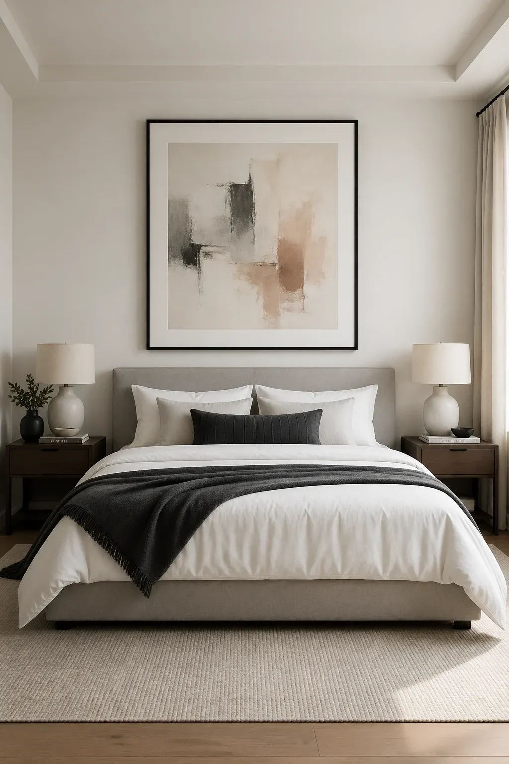 A large framed abstract painting centered above a gray linen bed in a modern bedroom.