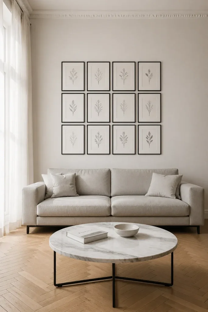 A formal grid gallery wall with twelve botanical prints hanging above a grey sofa.